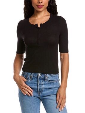 ATM Anthony Thomas Melillo Black Ribbed Henley Crop Top Minimalist Classic Large